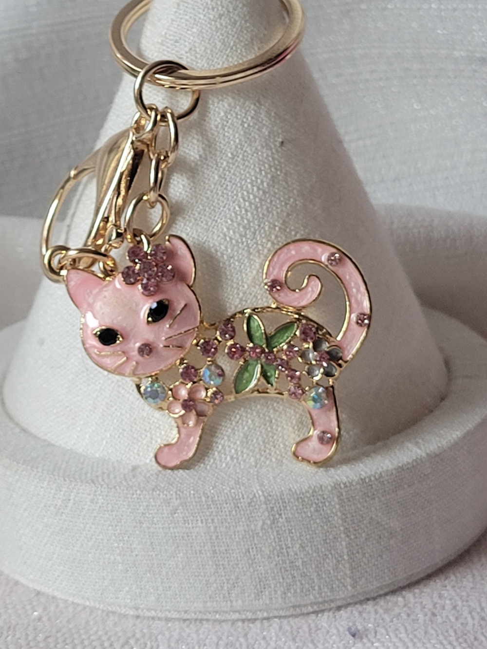 Pink Enamel Floral Cat Keychain with Jewel Accents